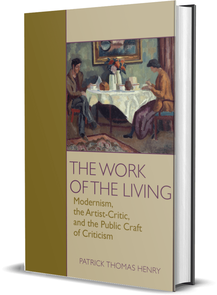 3D rendering of the cover of THE WORK OF THE LIVING. Inset image of Roger Fry's painting, "The Breakfast Table," shows a man and a woman sitting at a breakfast table. The man is reading from the newspaper, and the woman appears to be writing.